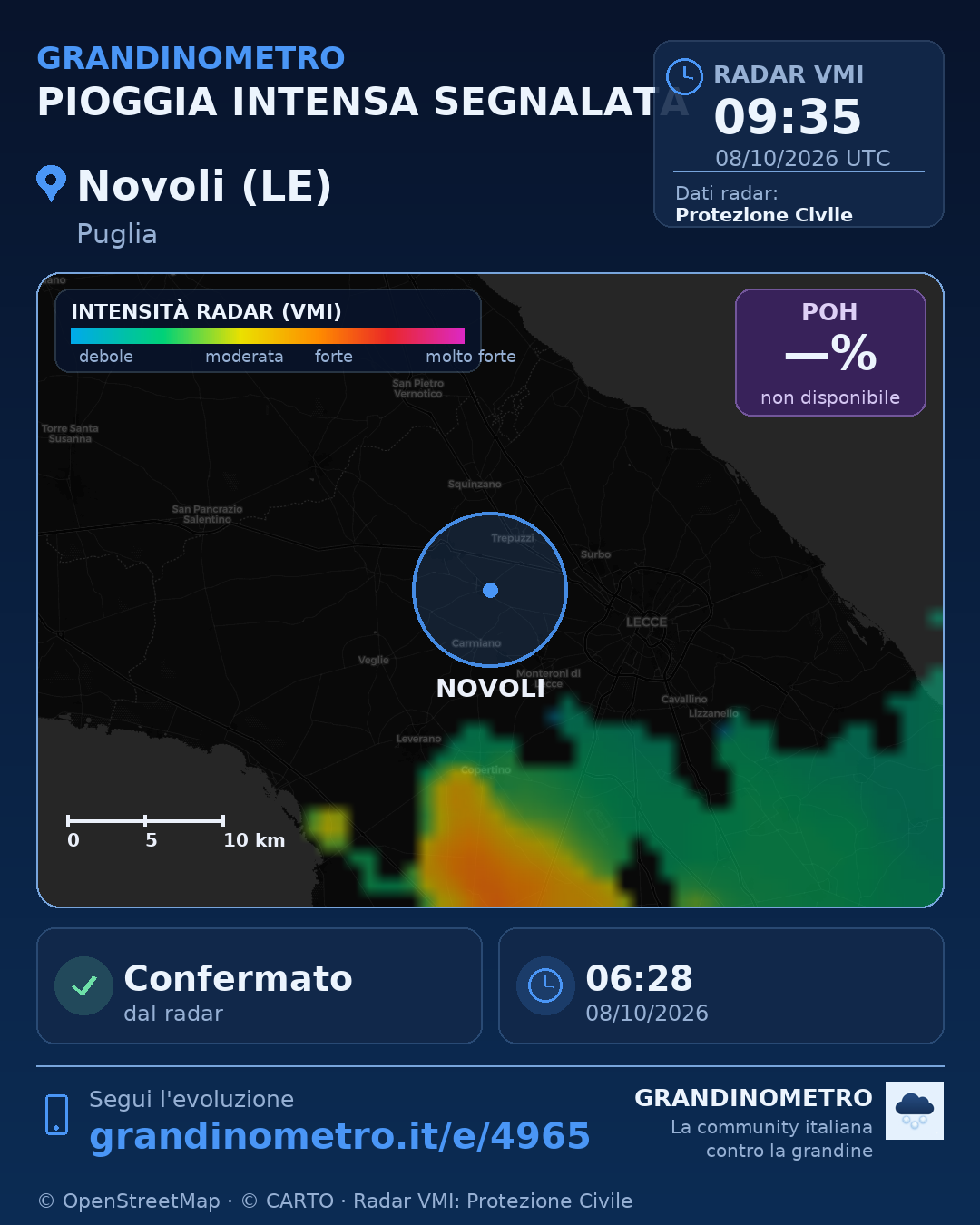 Mappa dell'evento: pioggia intensa a Novoli (LE)