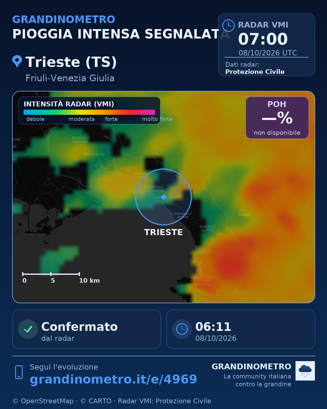 Mappa dell'evento: pioggia intensa a Trieste (TS)