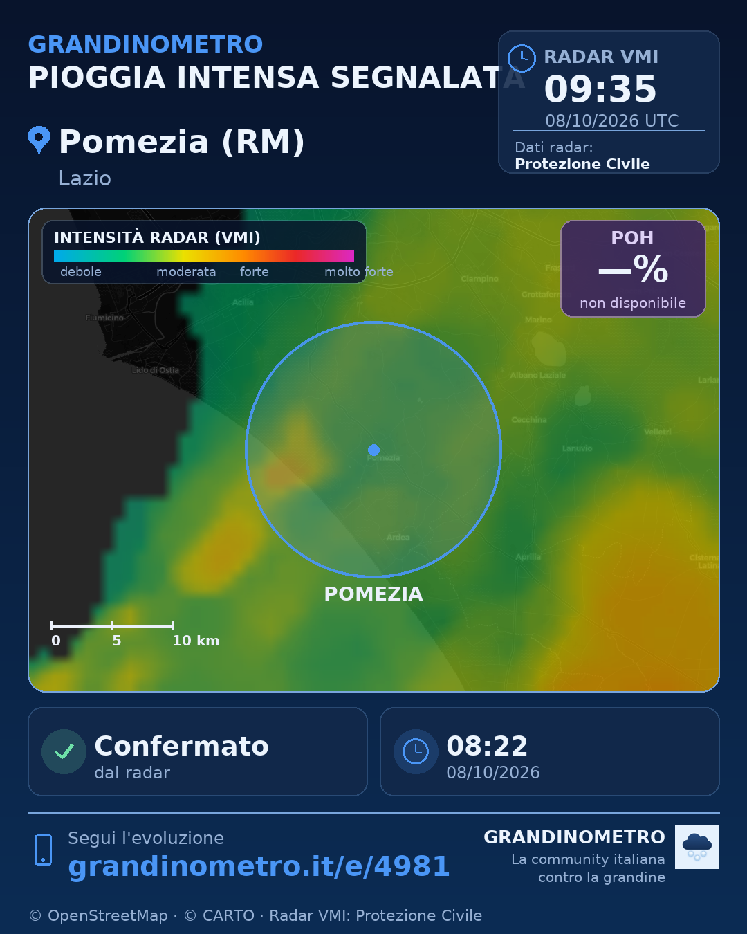 Mappa dell'evento: pioggia intensa a Pomezia (RM)