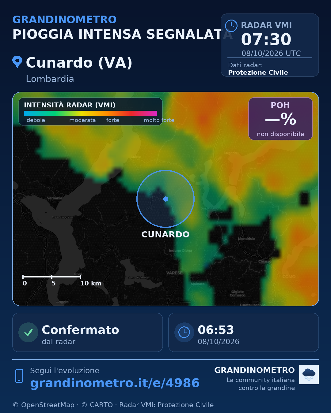 Mappa dell'evento: pioggia intensa a Cunardo (VA)