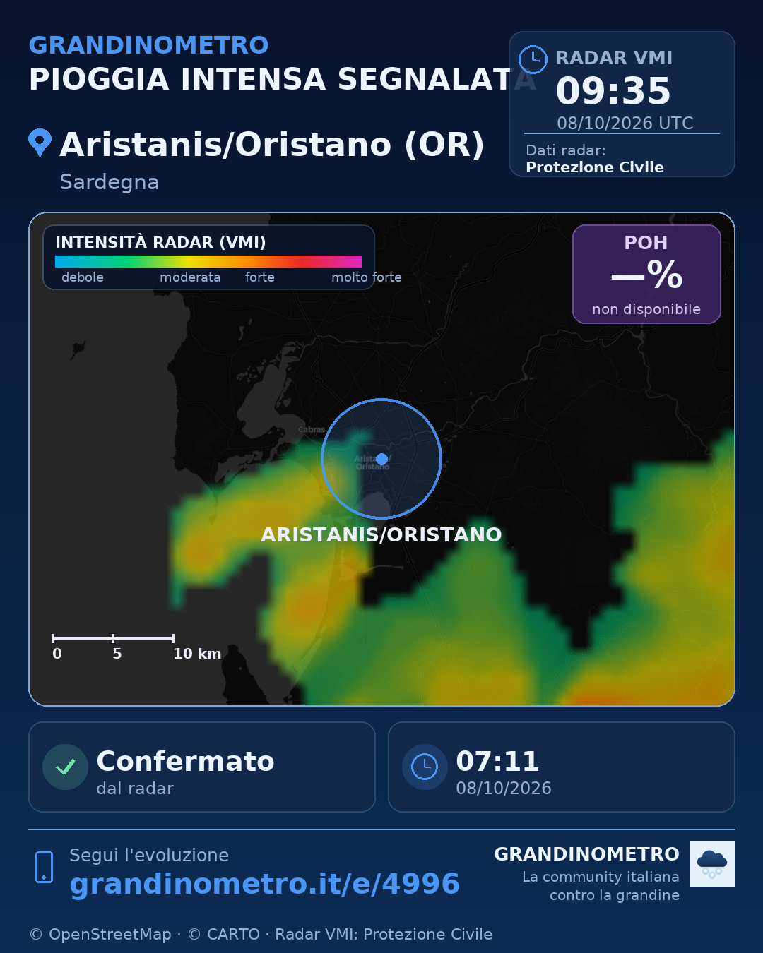 Mappa dell'evento: pioggia intensa ad Aristanis/Oristano (OR)