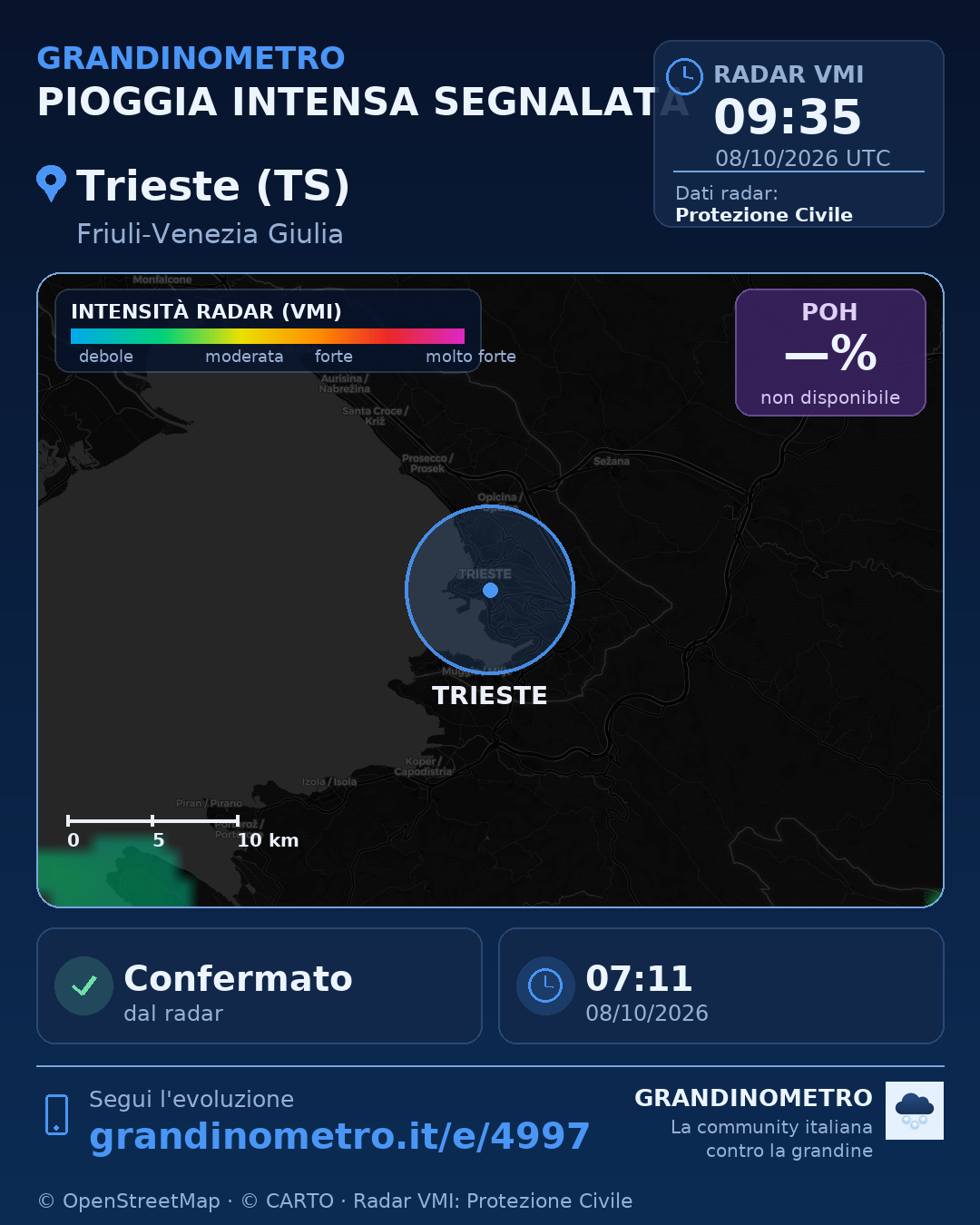 Mappa dell'evento: pioggia intensa a Trieste (TS)