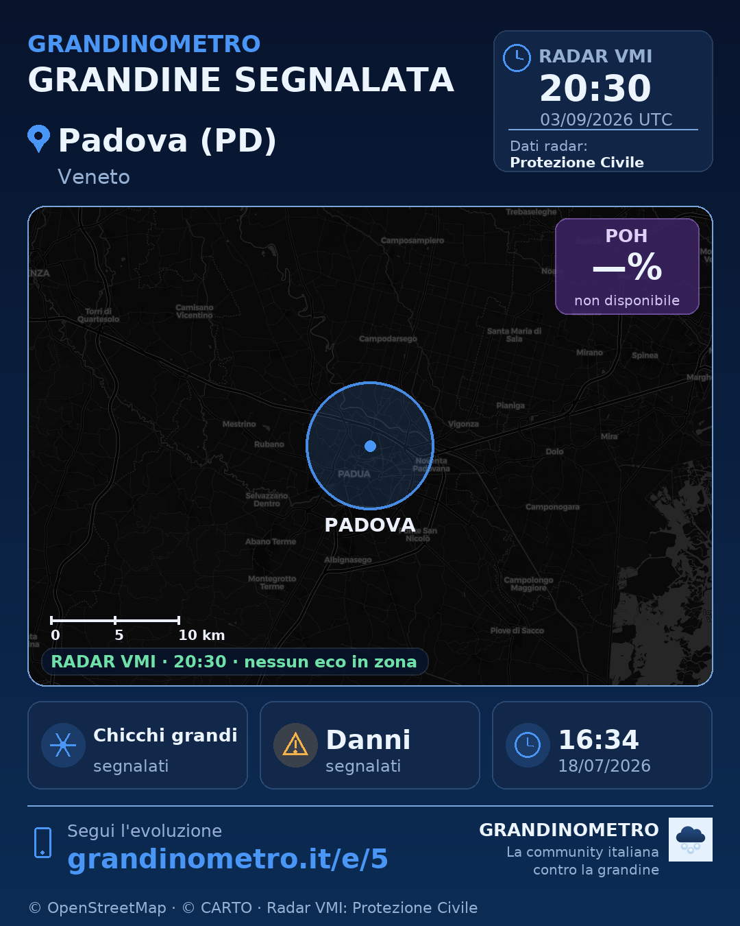 Mappa dell'evento: grandine a Padova (PD)