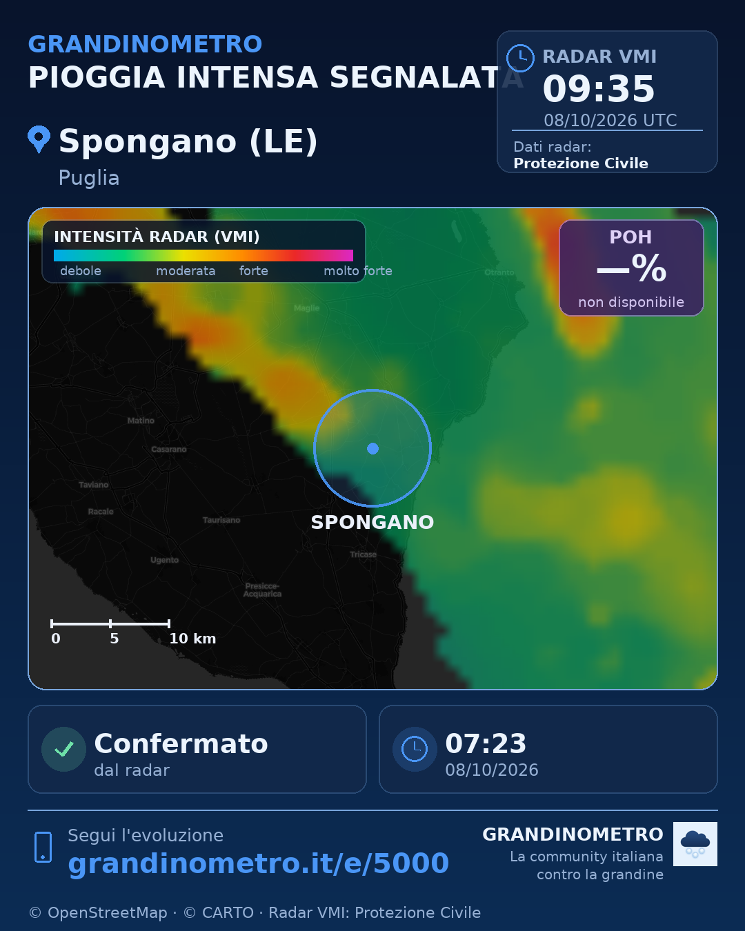 Mappa dell'evento: pioggia intensa a Spongano (LE)