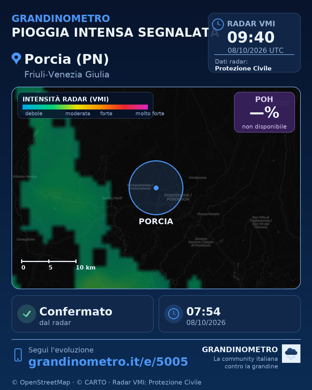 Mappa dell'evento: pioggia intensa a Porcia (PN)