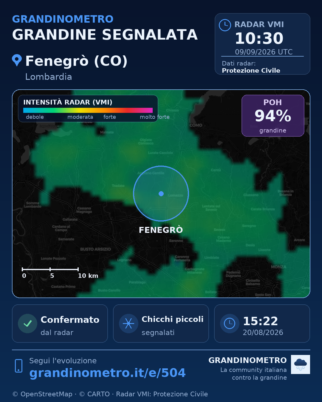 Mappa dell'evento: grandine a Fenegrò (CO)