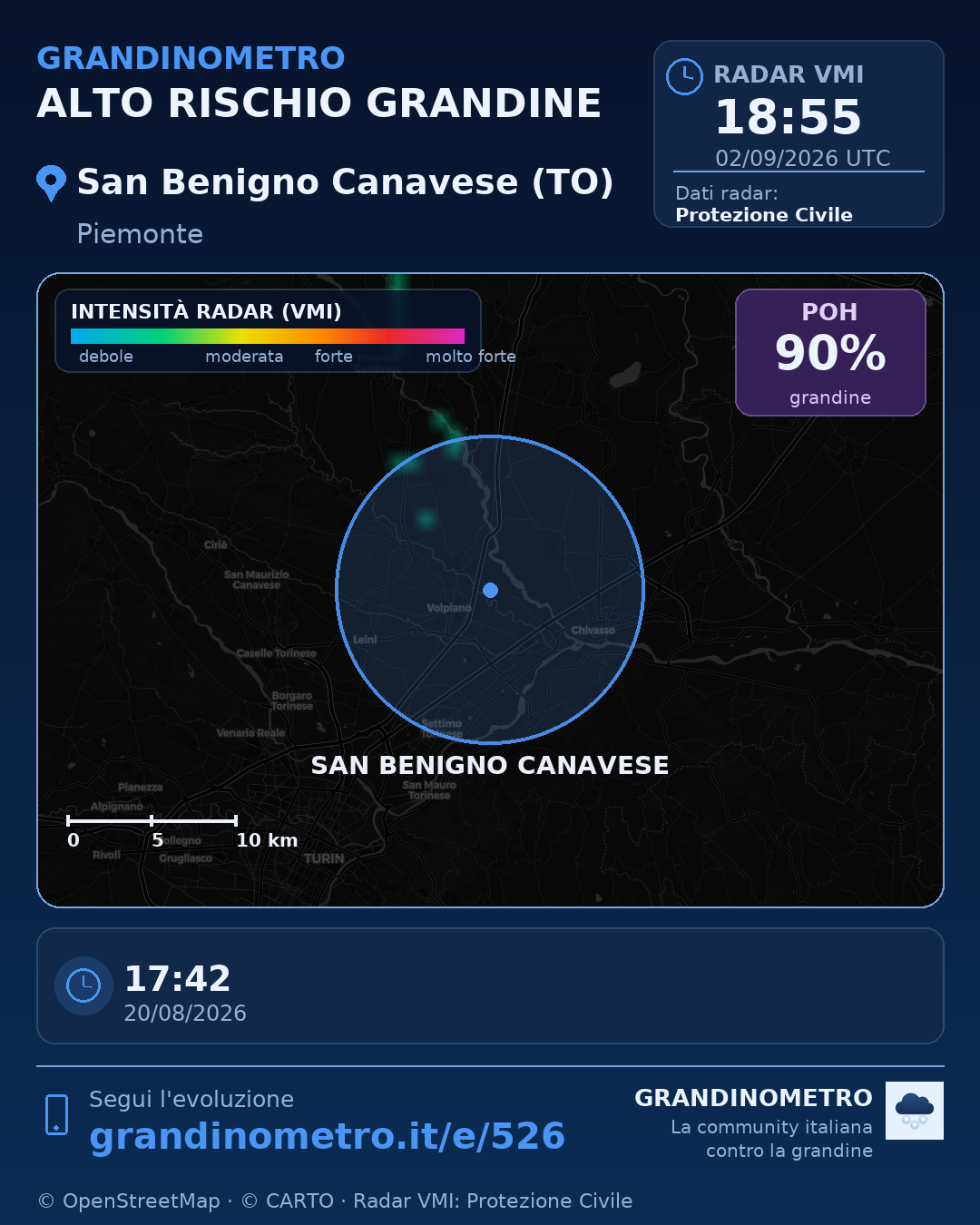 Mappa dell'evento: grandine a San Benigno Canavese (TO)
