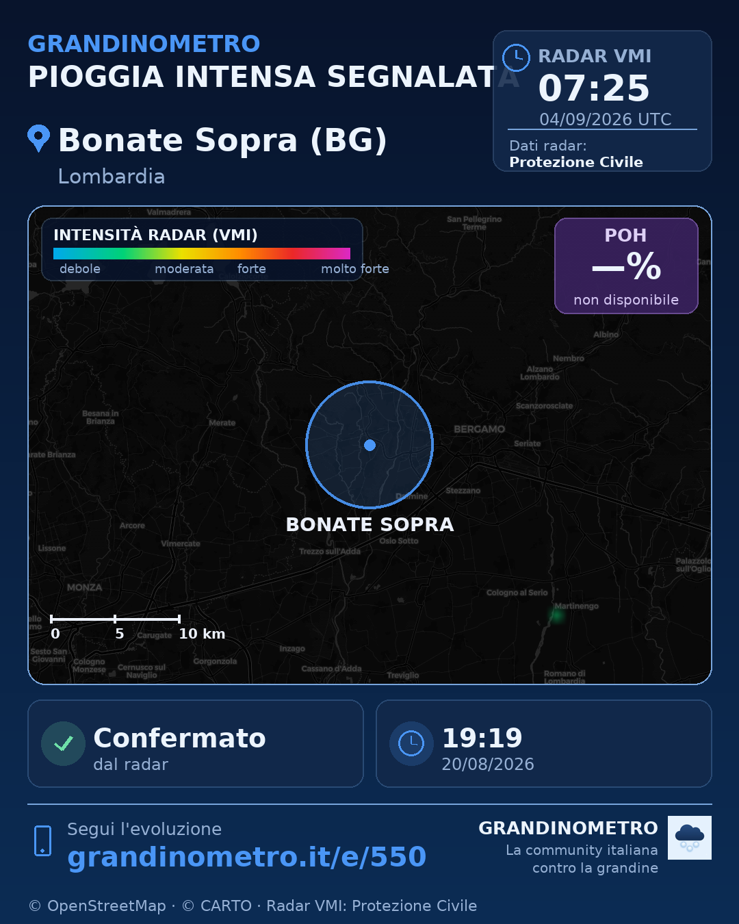 Mappa dell'evento: pioggia intensa a Bonate Sopra (BG)