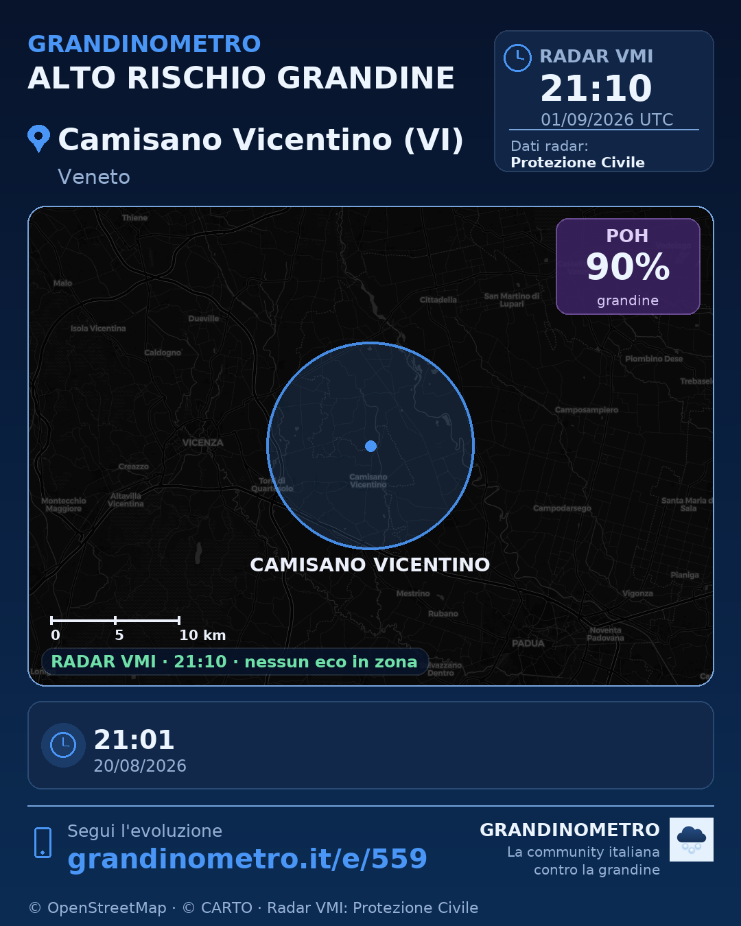 Mappa dell'evento: grandine a Camisano Vicentino (VI)