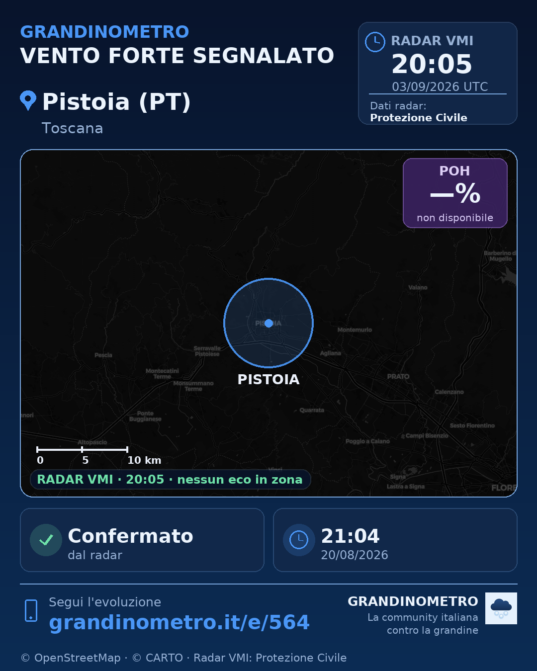 Mappa dell'evento: vento forte a Pistoia (PT)