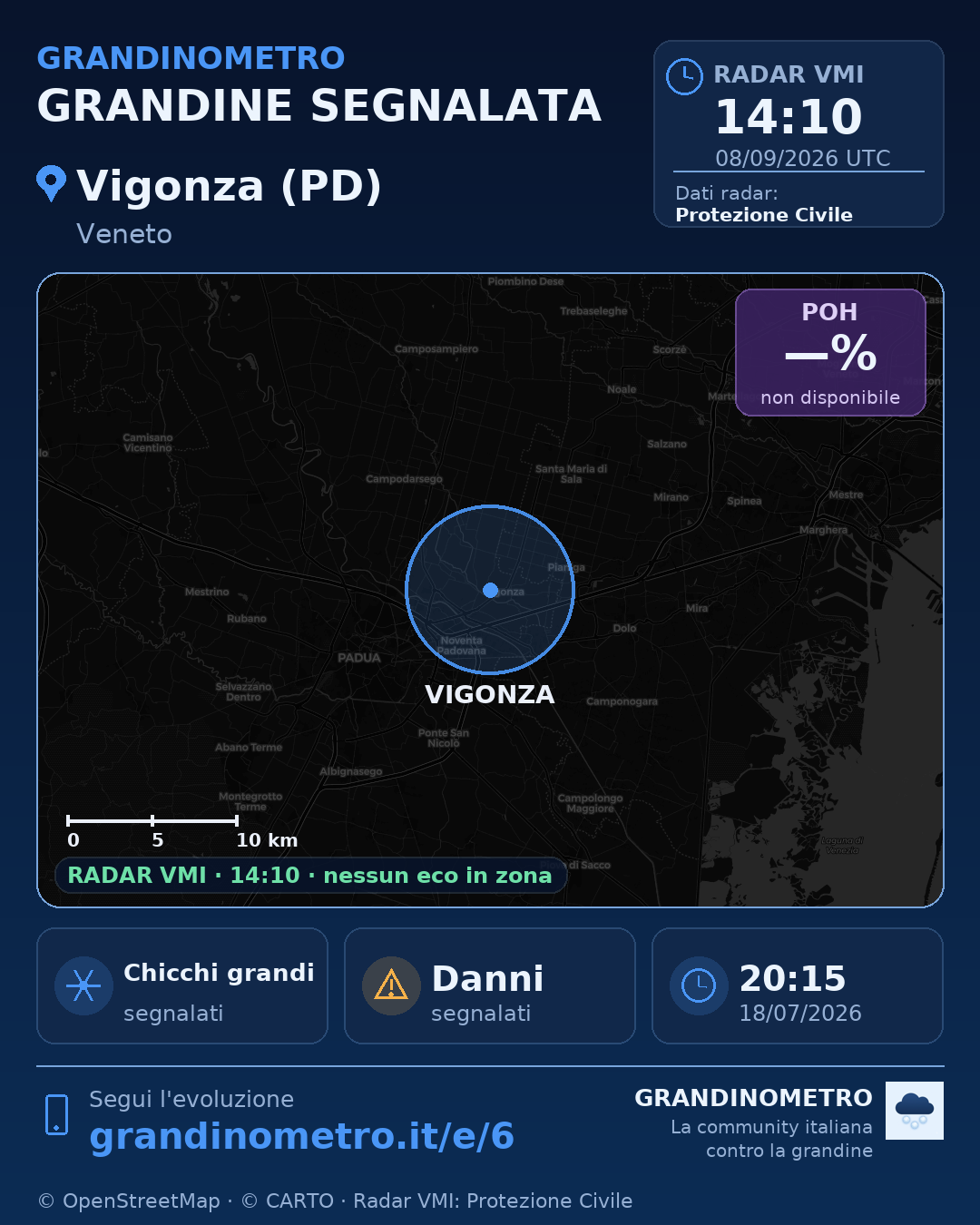 Mappa dell'evento: grandine a Vigonza (PD)