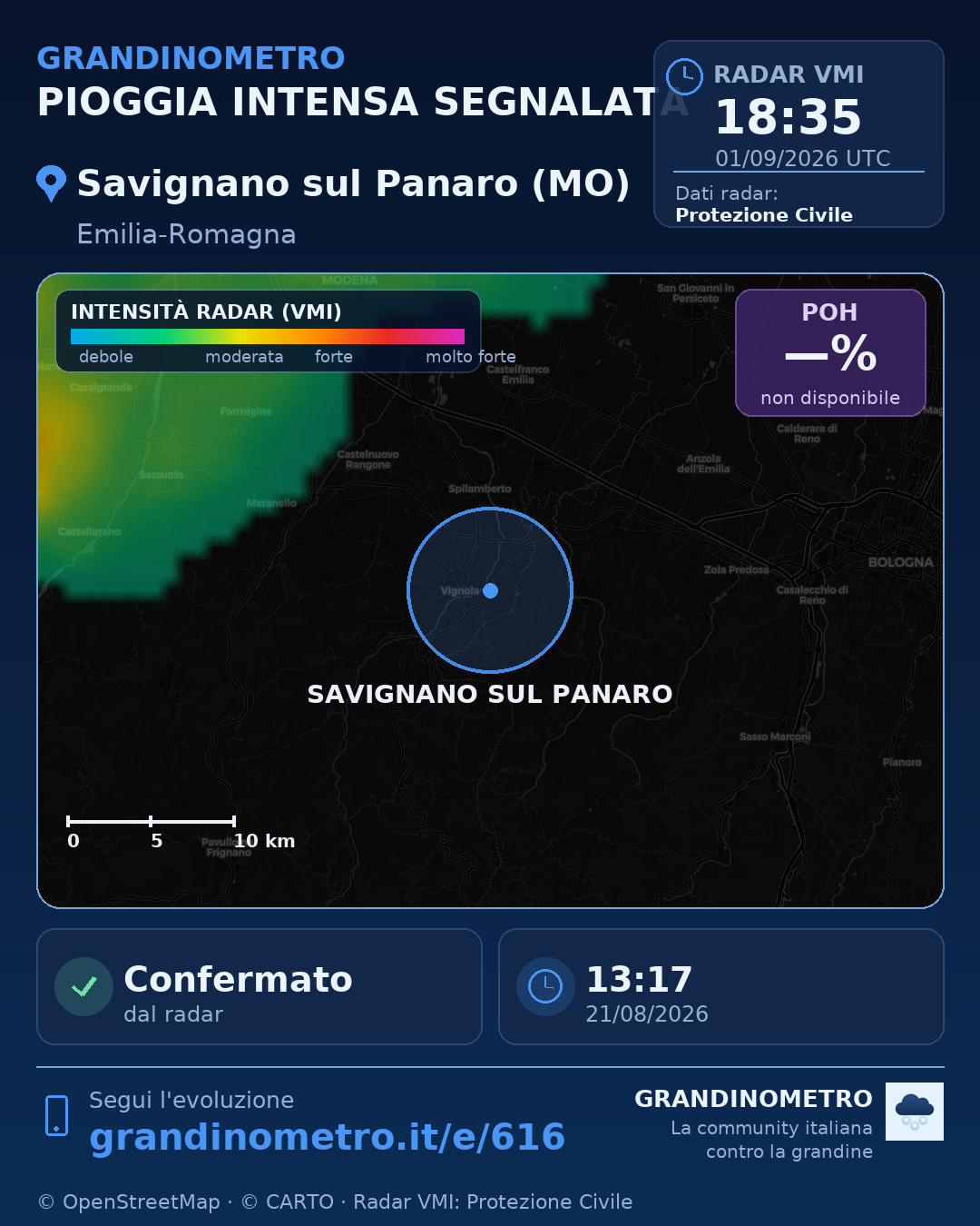 Mappa dell'evento: pioggia intensa a Savignano sul Panaro (MO)