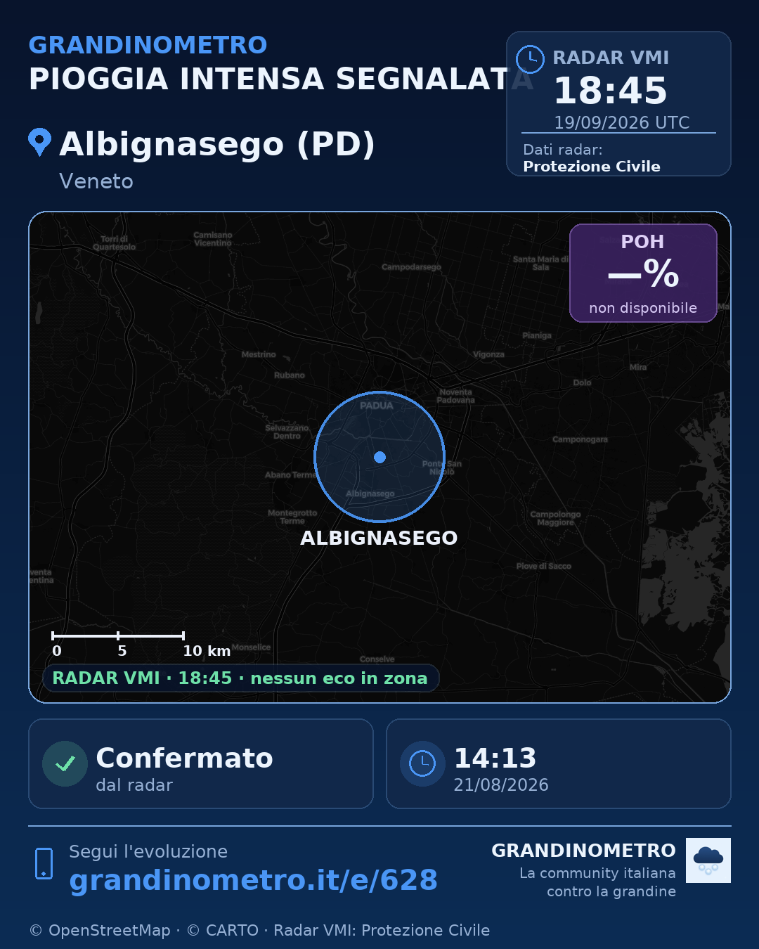 Mappa dell'evento: pioggia intensa ad Albignasego (PD)