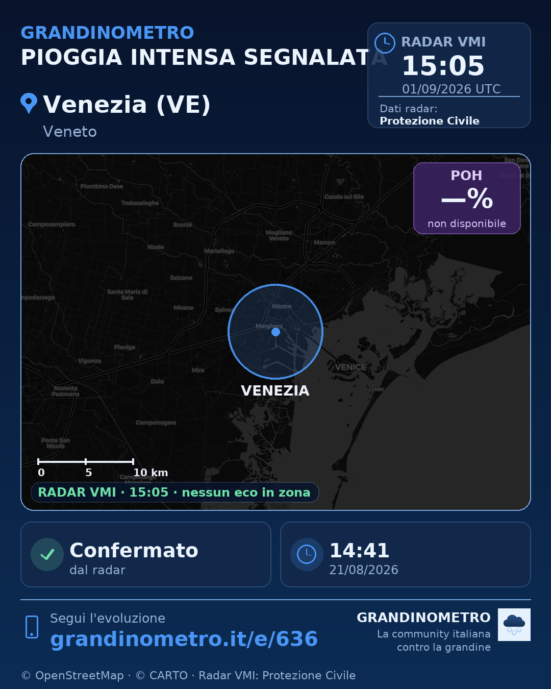 Mappa dell'evento: pioggia intensa a Venezia (VE)