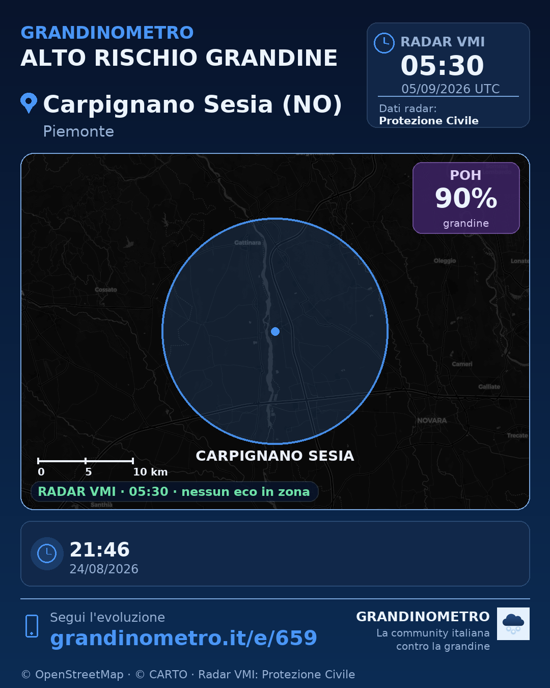 Mappa dell'evento: grandine a Carpignano Sesia (NO)