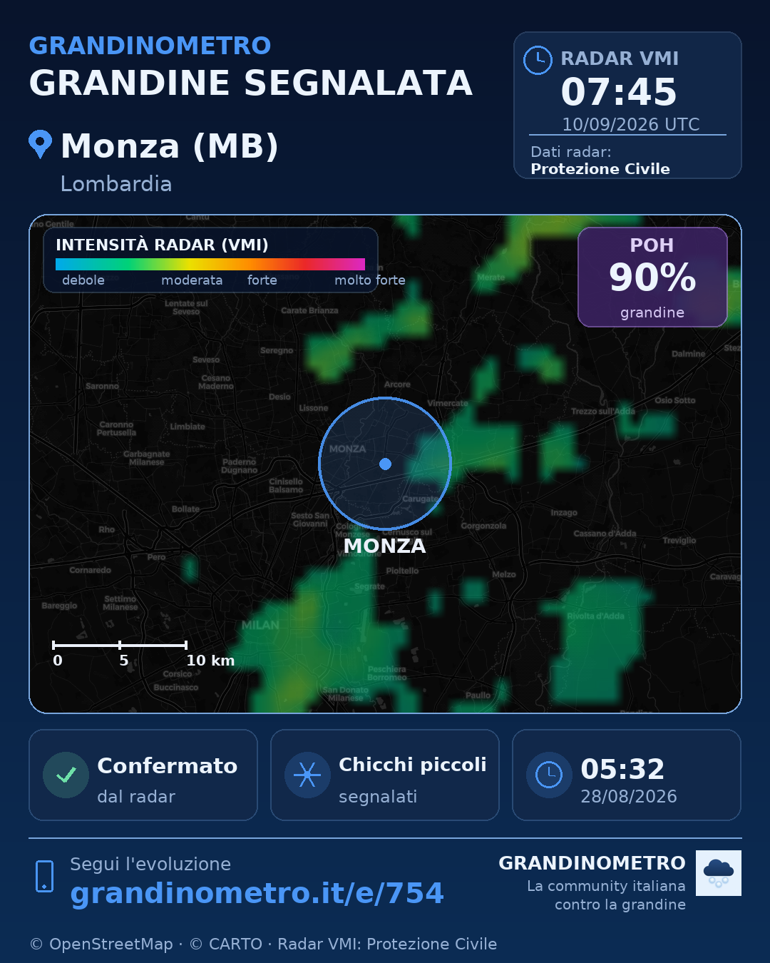 Mappa dell'evento: grandine a Monza (MB)