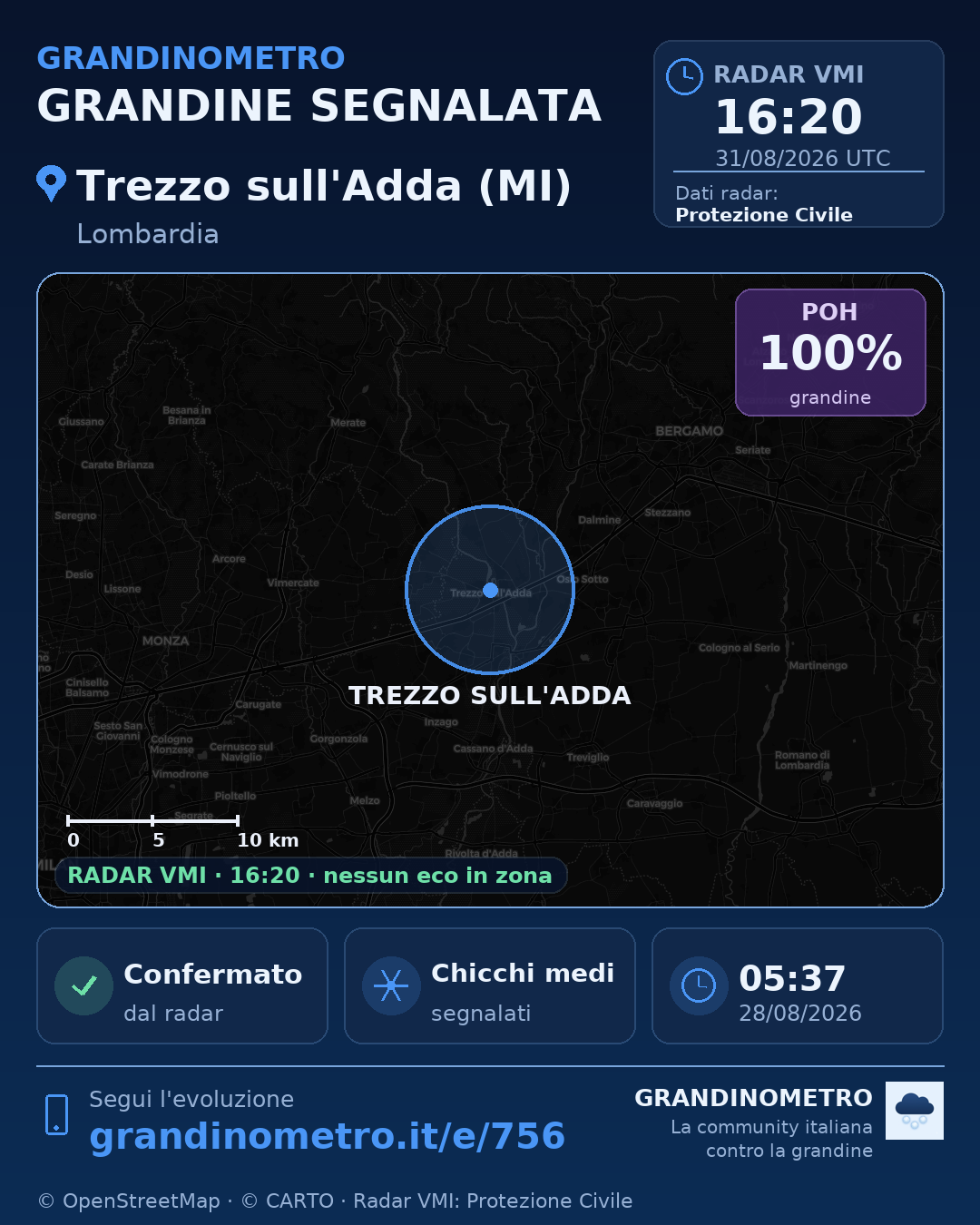 Mappa dell'evento: grandine a Trezzo sull'Adda (MI)