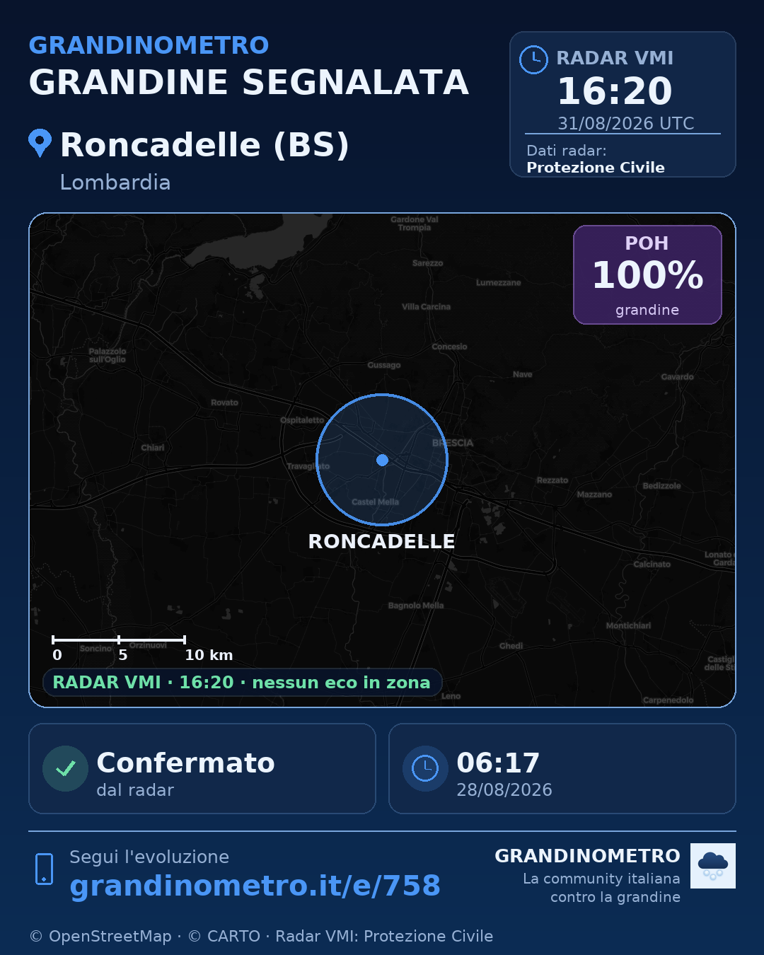 Mappa dell'evento: grandine a Roncadelle (BS)