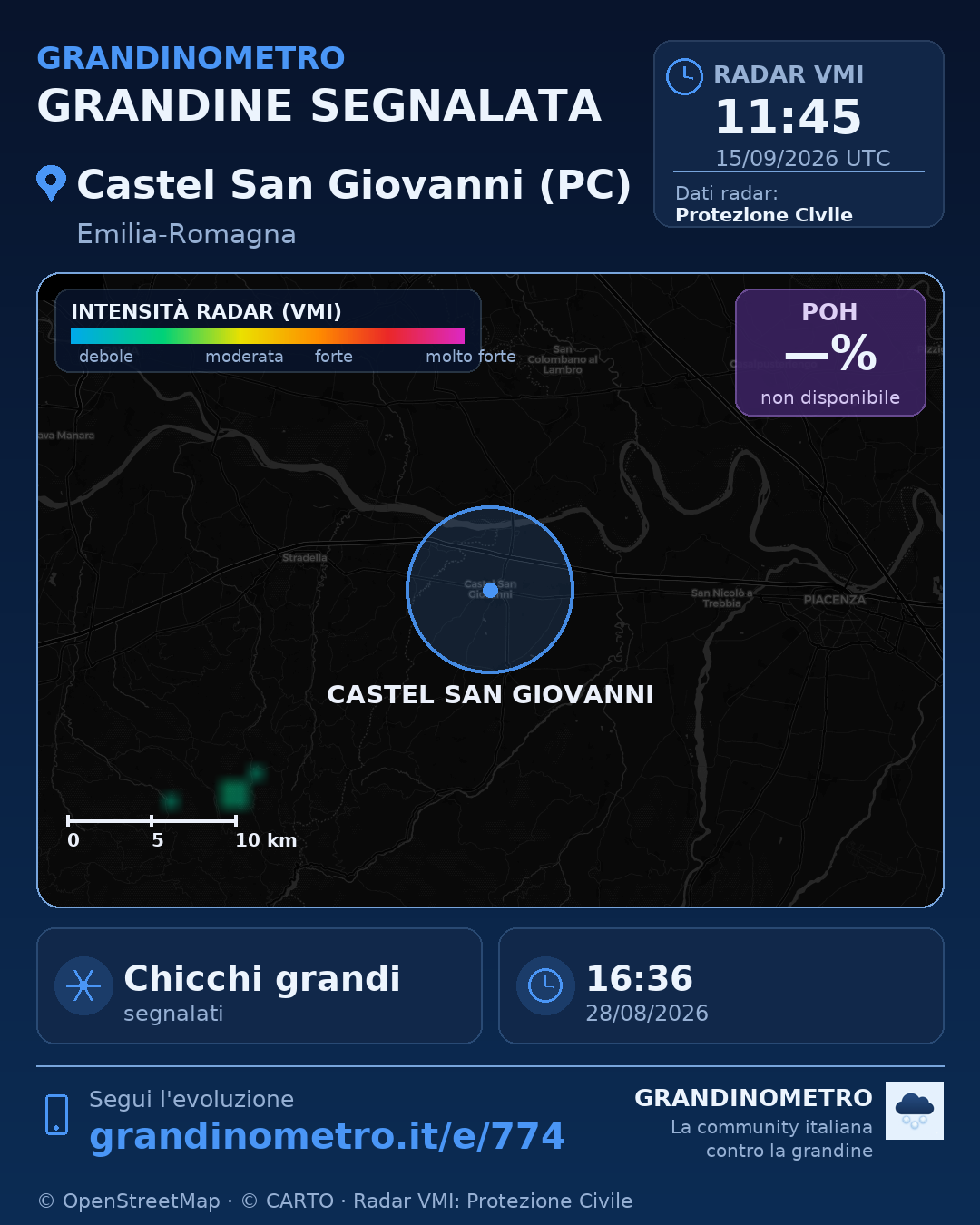 Mappa dell'evento: grandine a Castel San Giovanni (PC)