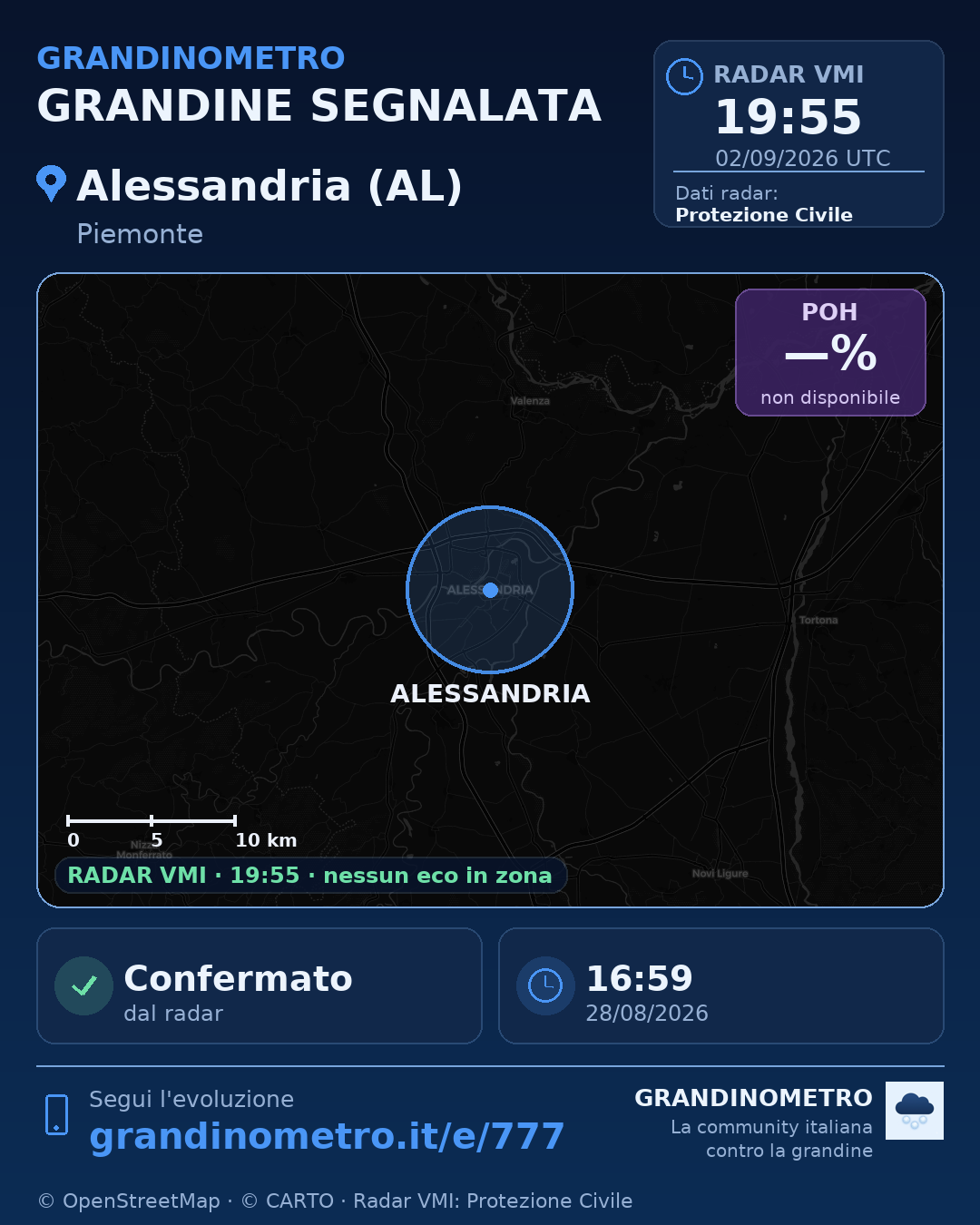 Mappa dell'evento: grandine ad Alessandria (AL)
