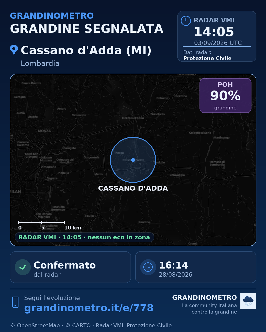 Mappa dell'evento: grandine a Cassano d'Adda (MI)