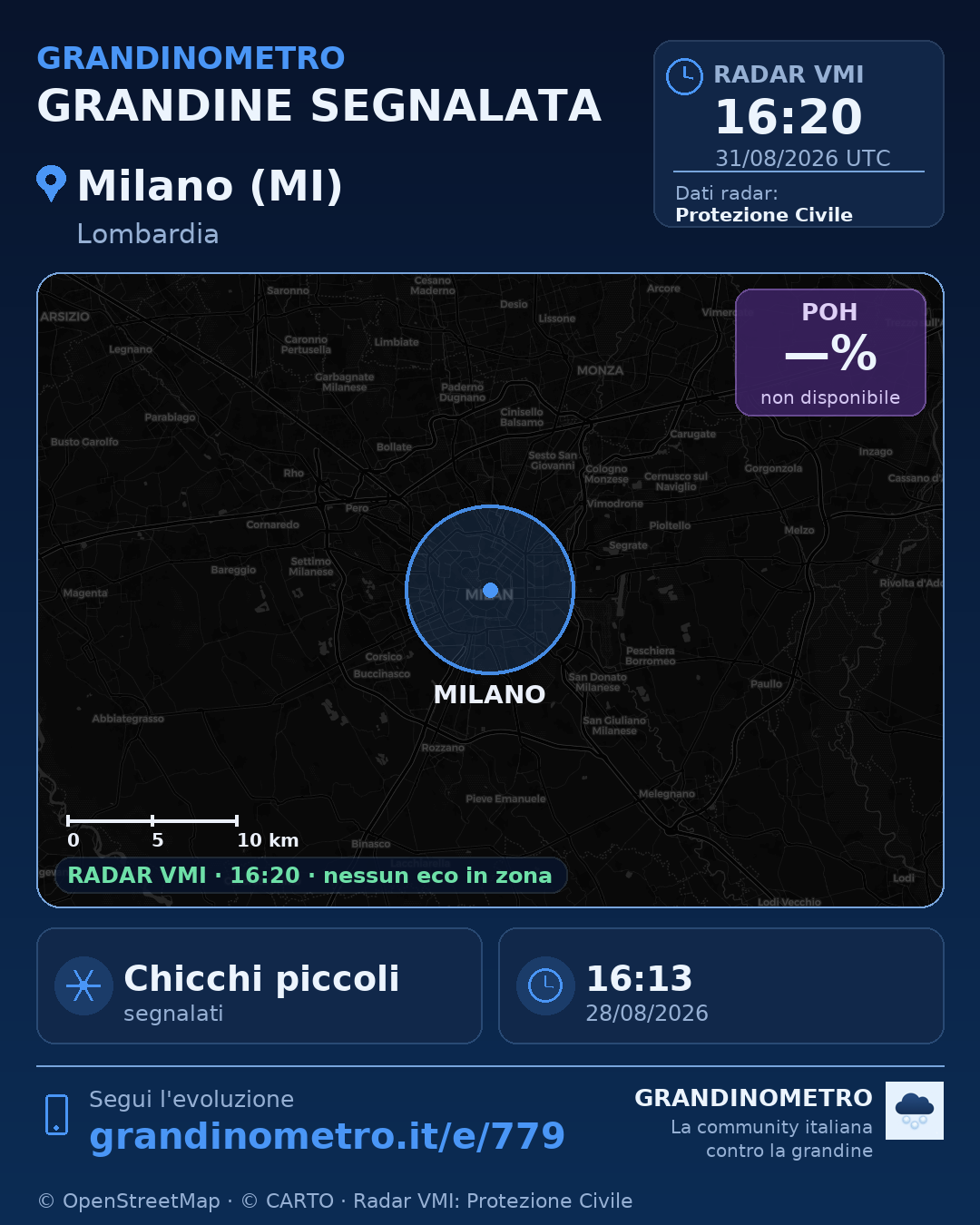 Mappa dell'evento: grandine a Milano (MI)