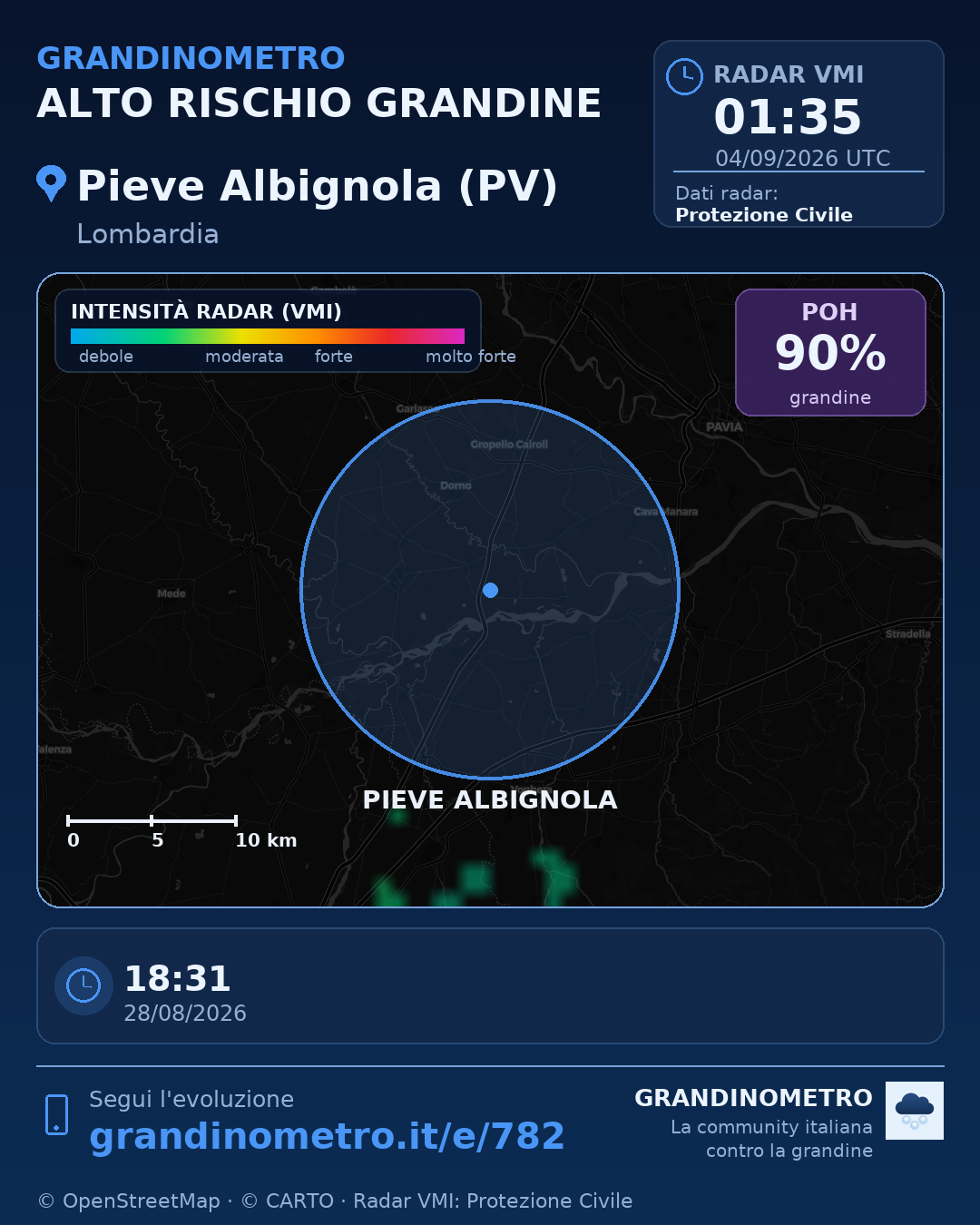Mappa dell'evento: grandine a Pieve Albignola (PV)