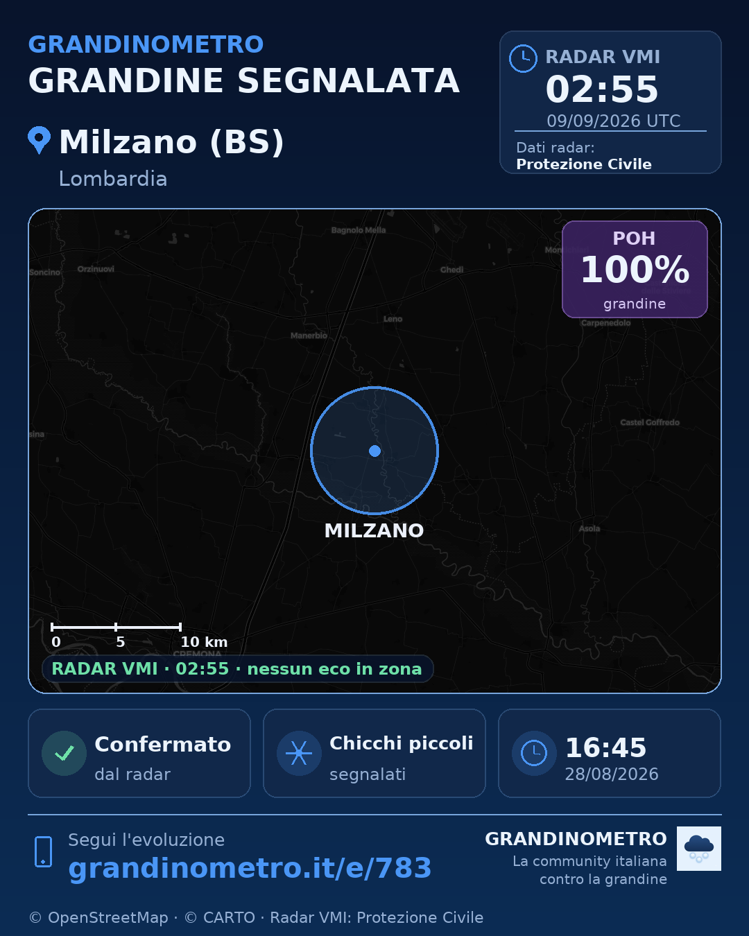 Mappa dell'evento: grandine a Milzano (BS)
