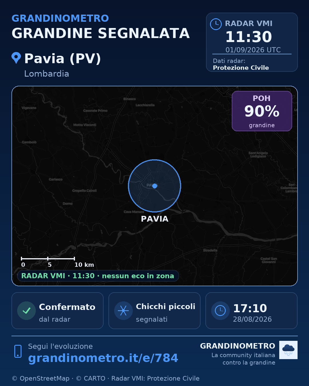 Mappa dell'evento: grandine a Pavia (PV)
