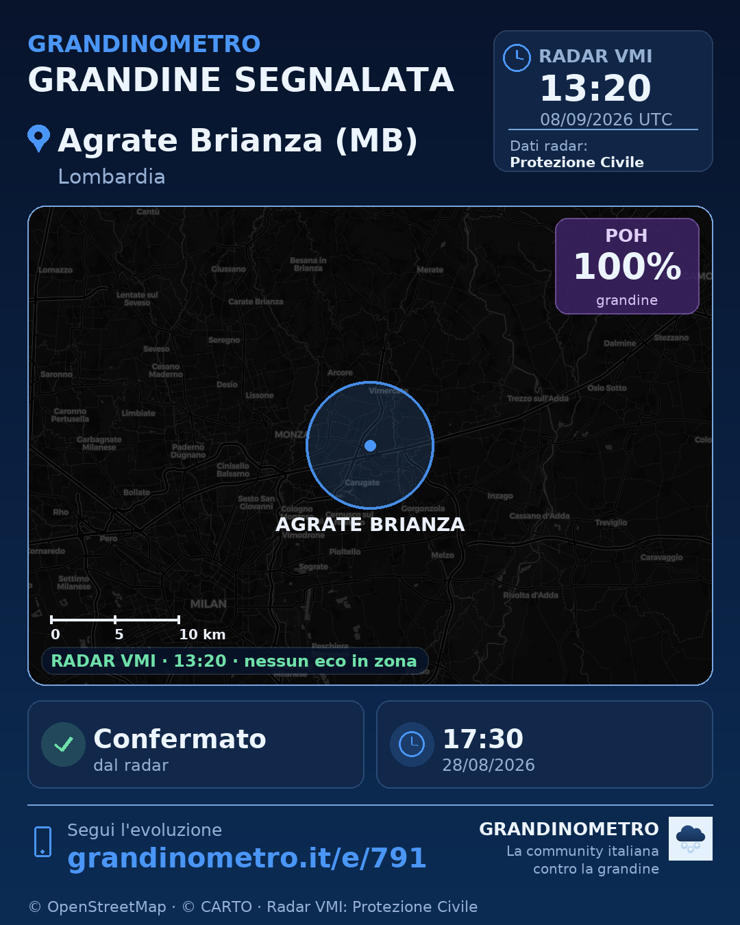 Mappa dell'evento: grandine ad Agrate Brianza (MB)