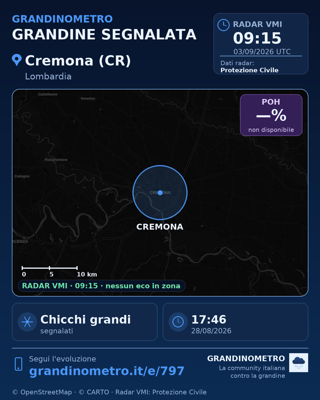 Mappa dell'evento: grandine a Cremona (CR)
