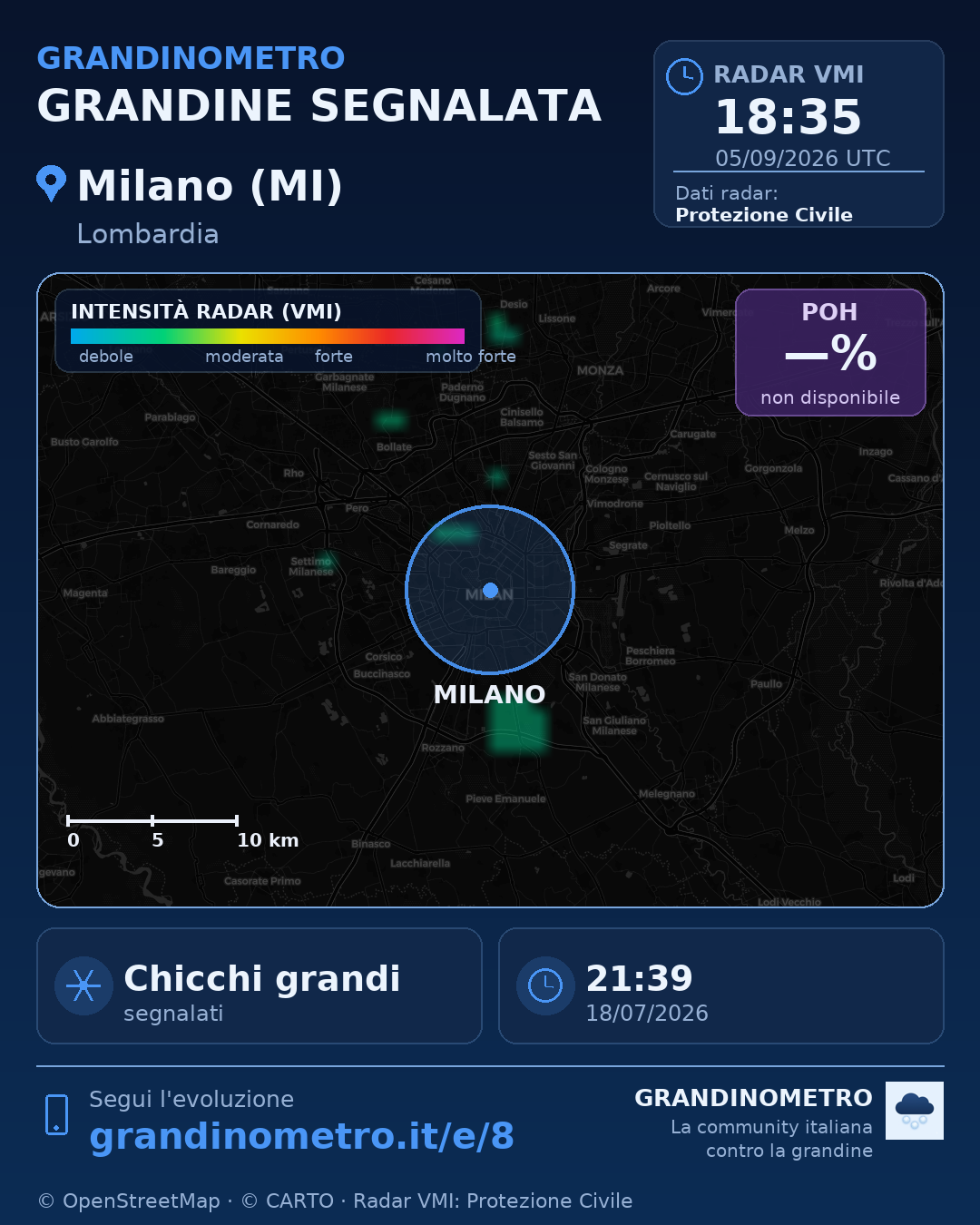 Mappa dell'evento: grandine a Milano (MI)