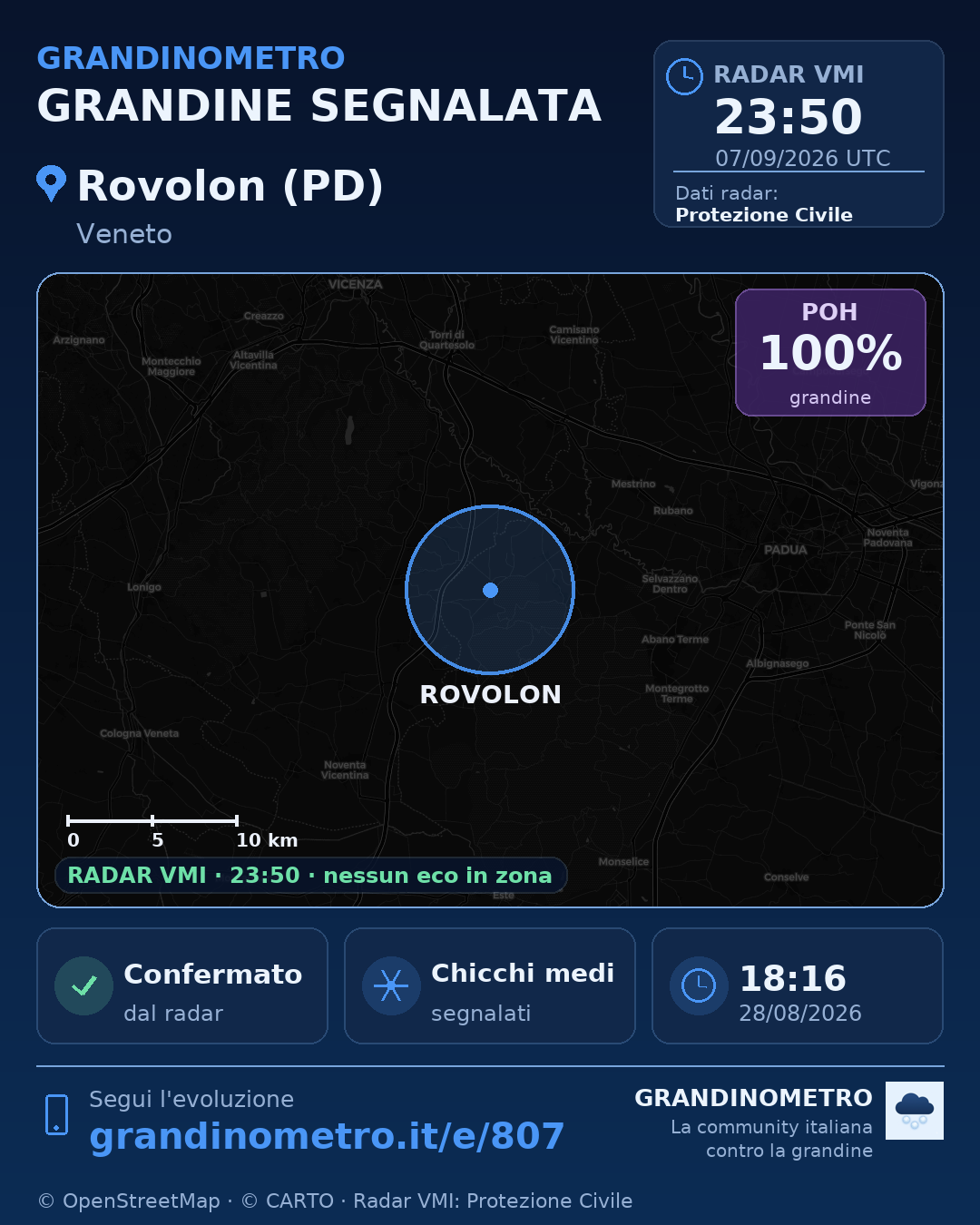 Mappa dell'evento: grandine a Rovolon (PD)