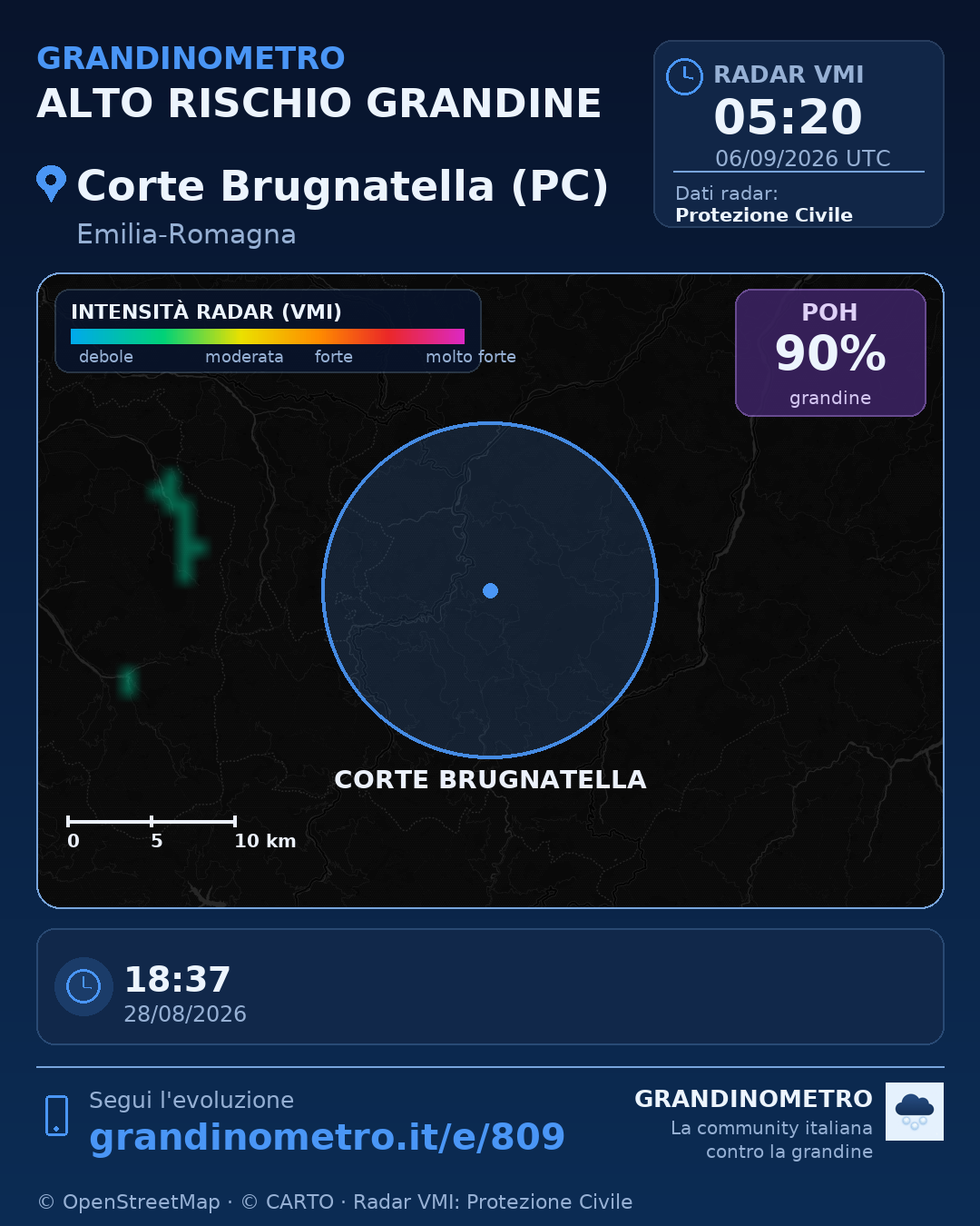 Mappa dell'evento: grandine a Corte Brugnatella (PC)