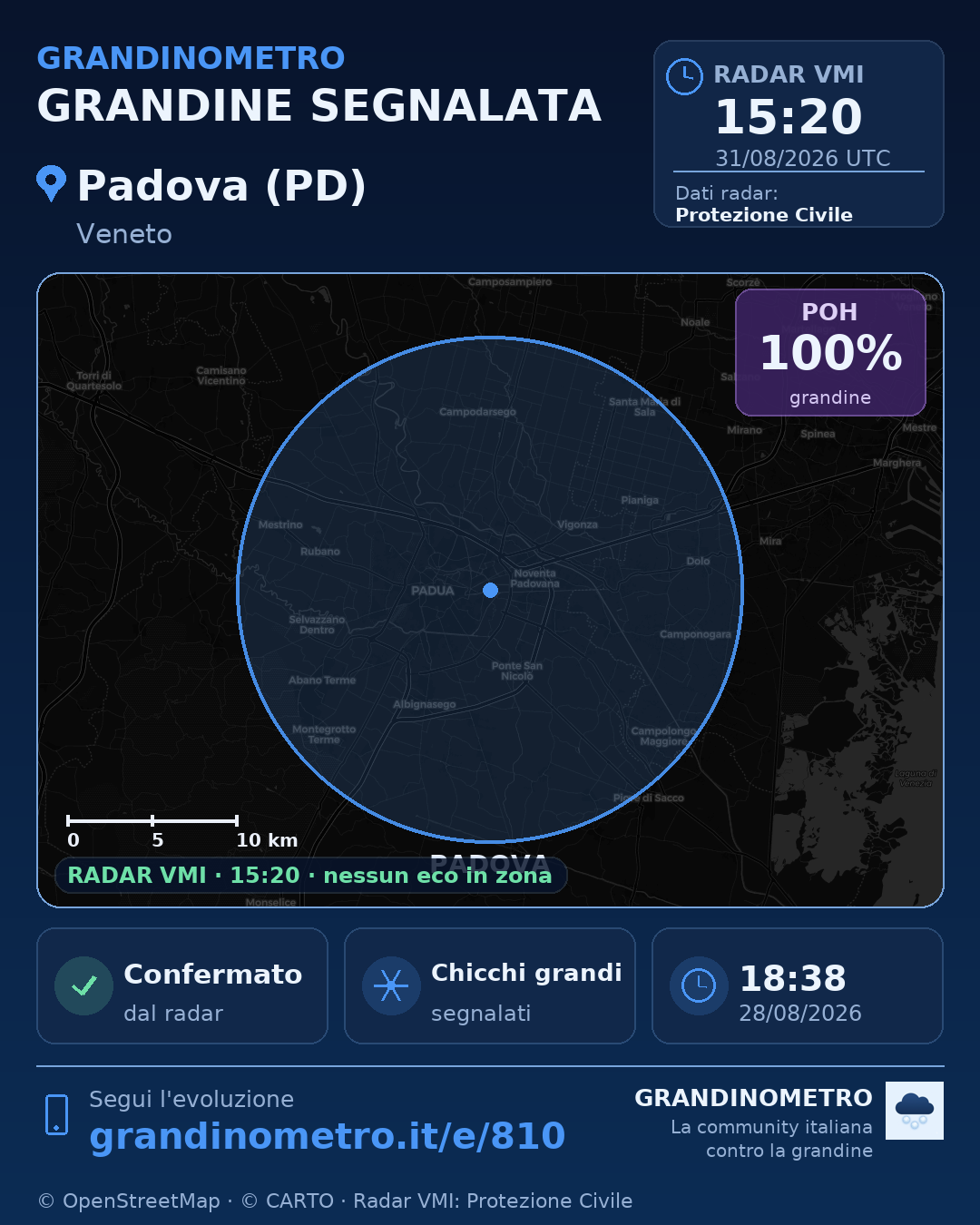 Mappa dell'evento: grandine a Padova (PD)