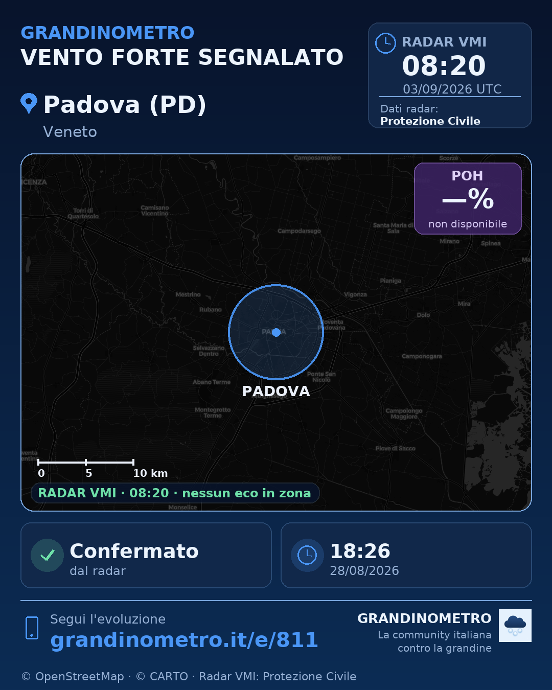 Mappa dell'evento: vento forte a Padova (PD)