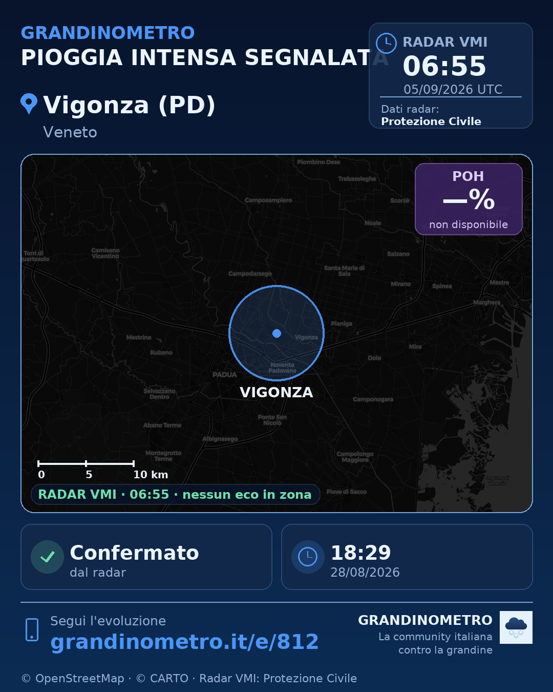 Mappa dell'evento: pioggia intensa a Vigonza (PD)