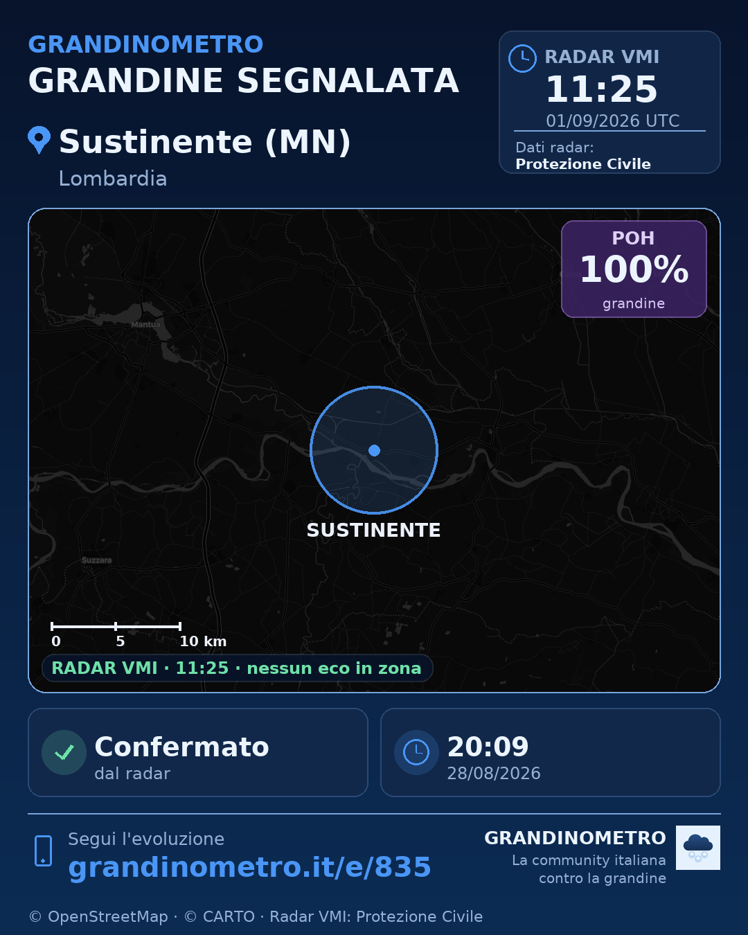 Mappa dell'evento: grandine a Sustinente (MN)