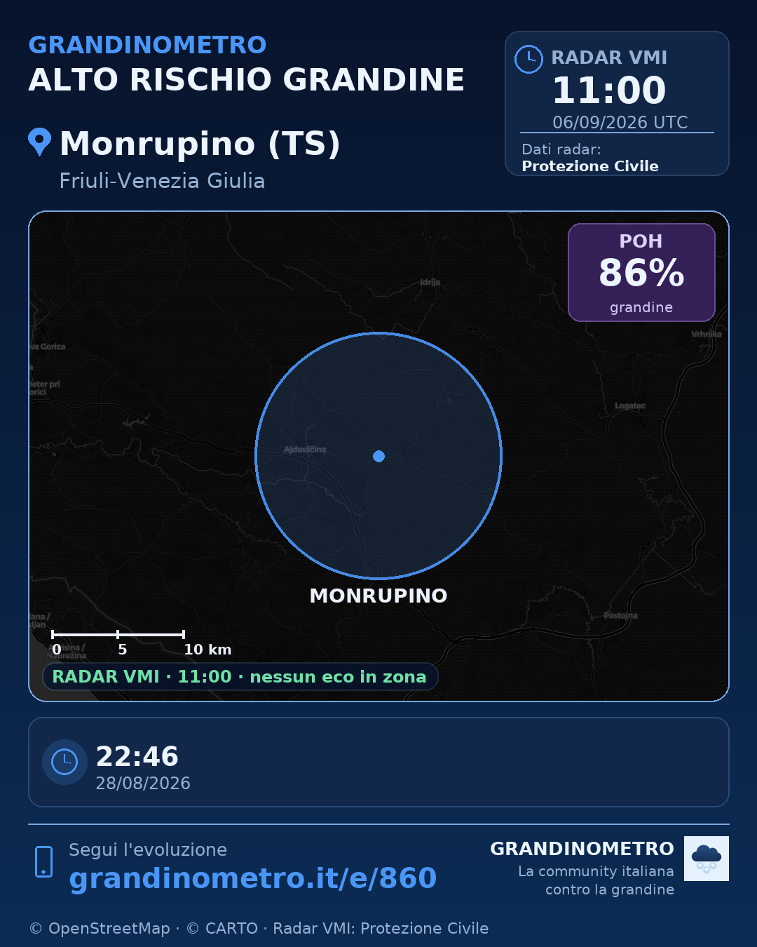 Mappa dell'evento: grandine a Monrupino (TS)