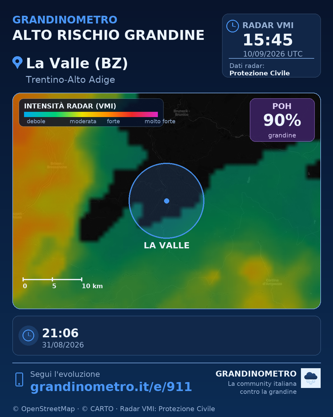 Mappa dell'evento: grandine a La Valle (BZ)