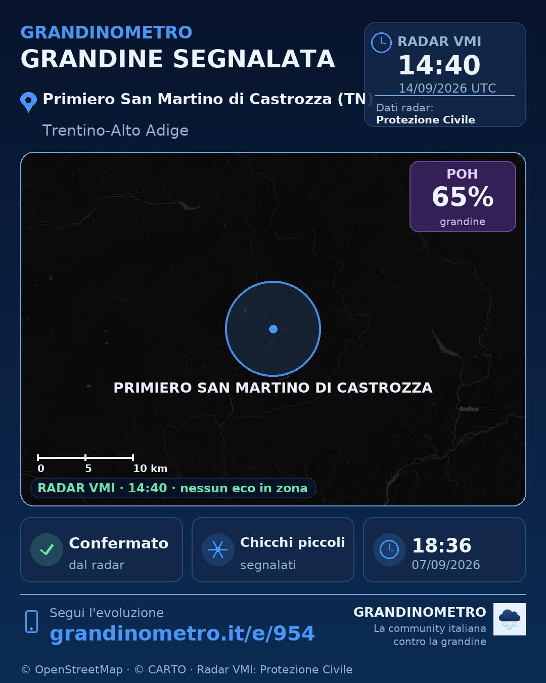 Mappa dell'evento: grandine a Primiero San Martino di Castrozza (TN)