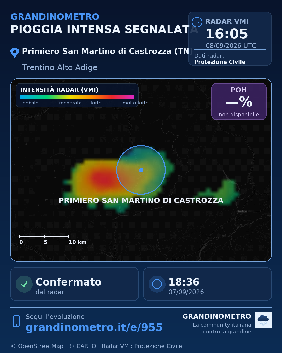 Mappa dell'evento: pioggia intensa a Primiero San Martino di Castrozza (TN)