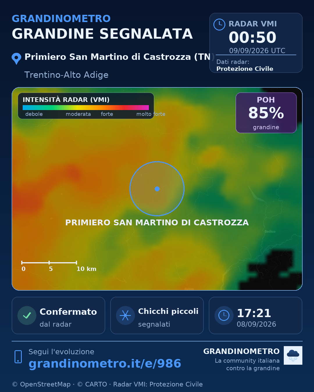 Mappa dell'evento: grandine a Primiero San Martino di Castrozza (TN)