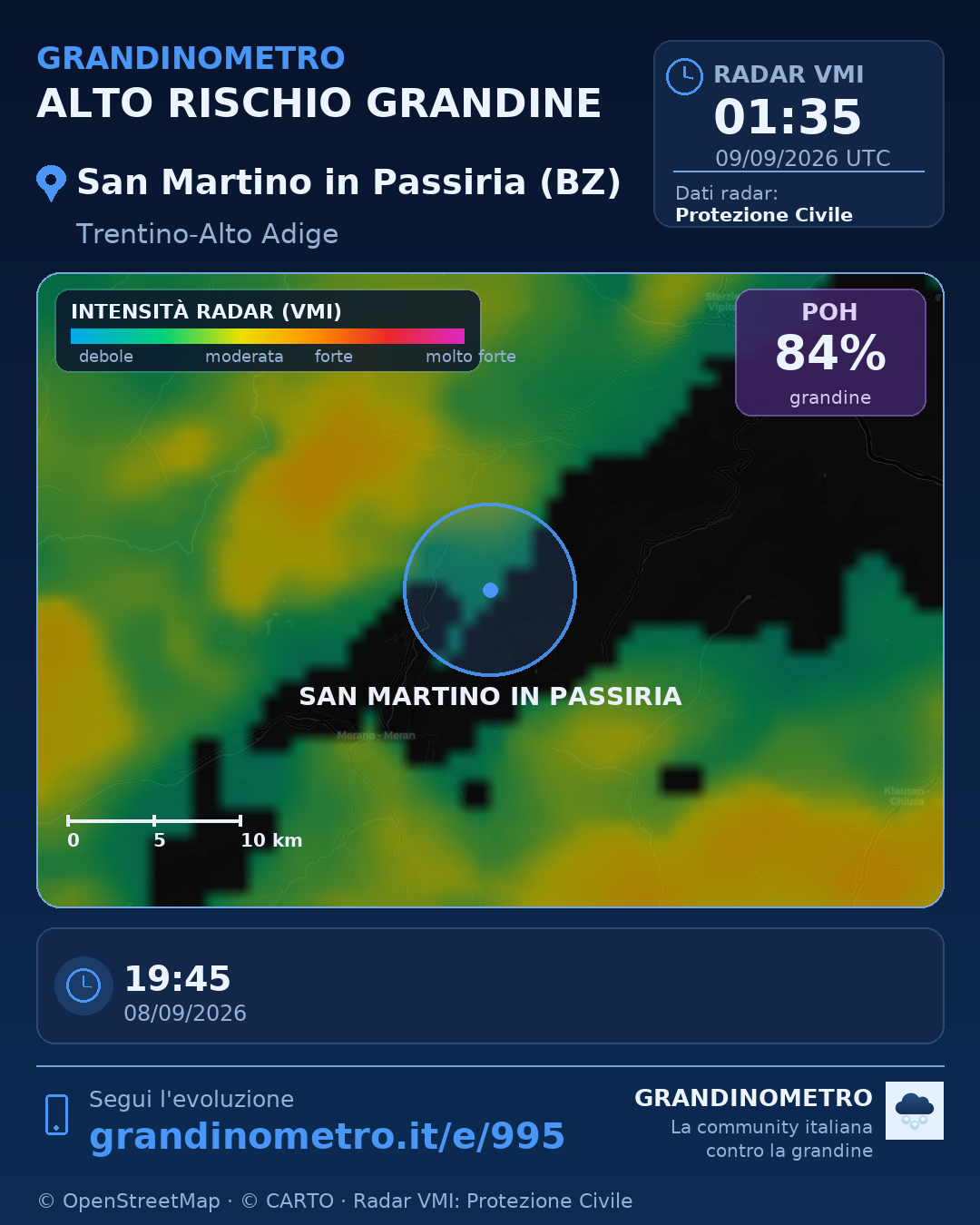 Mappa dell'evento: grandine a San Martino in Passiria (BZ)